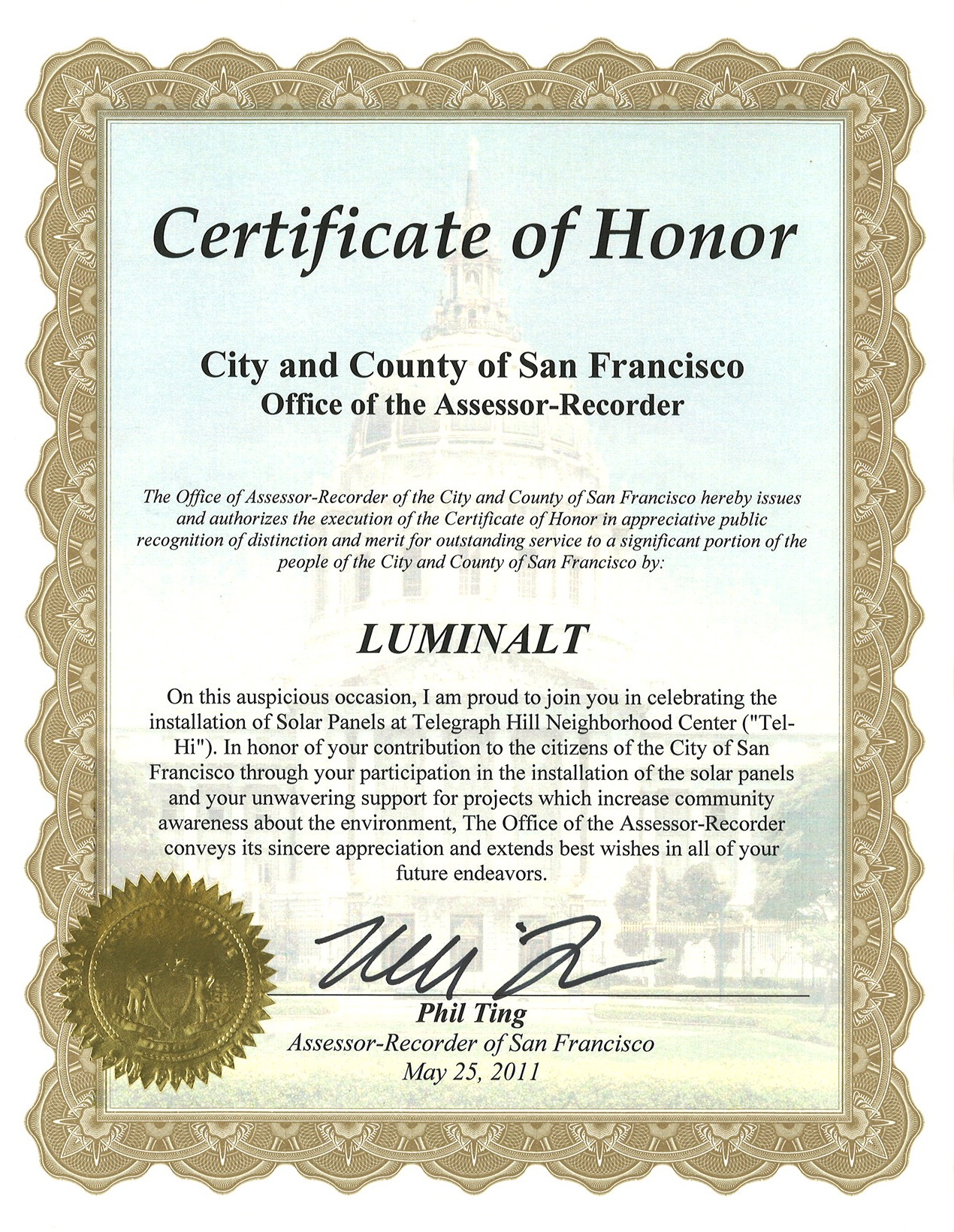 Certificate of Honor community service solar installer Phil Ting